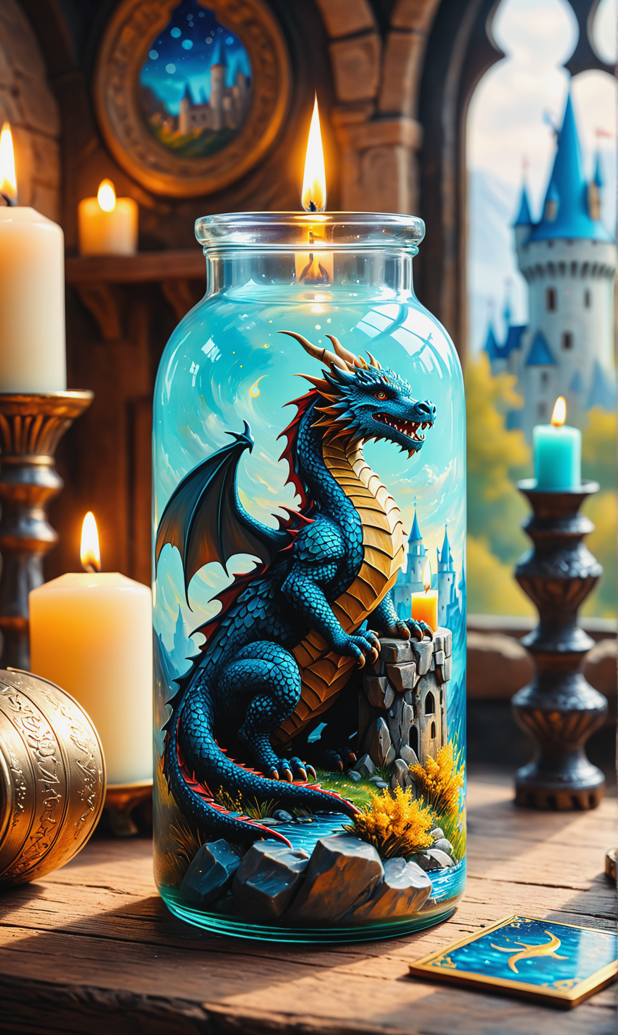 03348-2513646174-professional masterpiece, hyperrealism, acrylic painting on canvas, close up highly detailed 3d medieval castle, sitting dragon.png